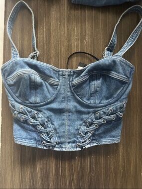 Guess Denim Lace-Up Bustier Crop Top - Blue